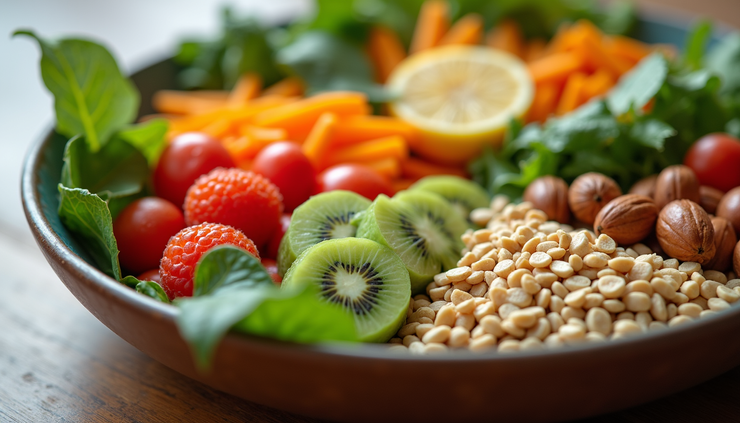 Close-up view of a balanced plate with colorful fruits, vegetables, nuts, and whole grains