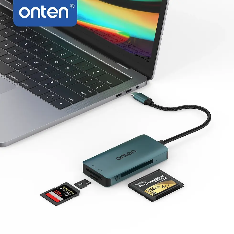 Miniatura: Leitor de cartões Onten OTN-C15 USB-C conectado a um laptop