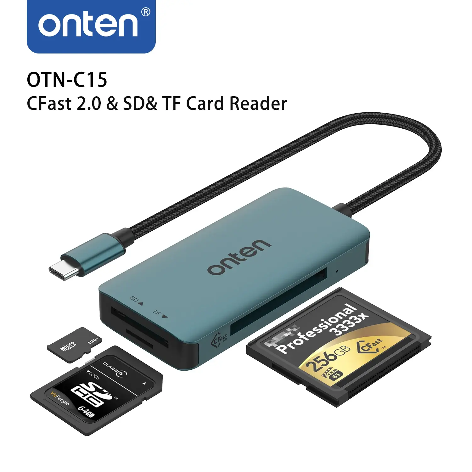 Leitor de cartões Onten OTN-C15 USB-C para CFast 2.0, SD e TF.