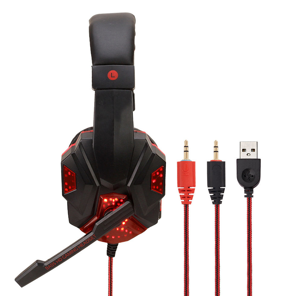 Miniatura: Headset gamer preto com LEDs vermelhos, microfone e cabos.