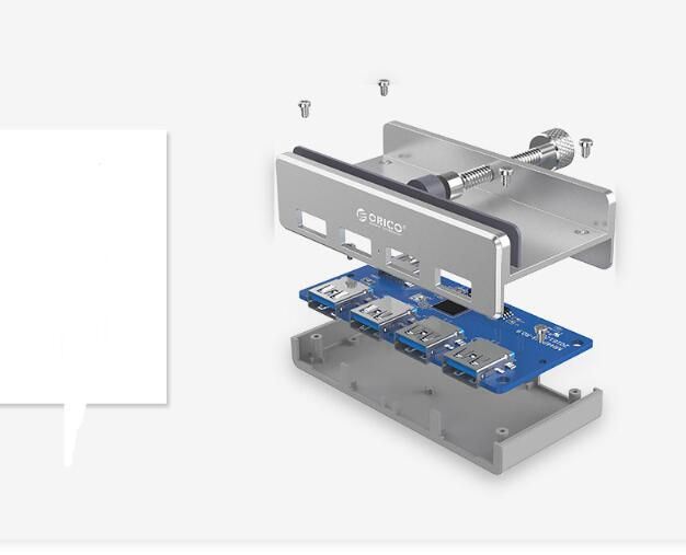 Miniatura: Vista explodida do Hub USB 3.0 de alumínio mostrando componentes internos