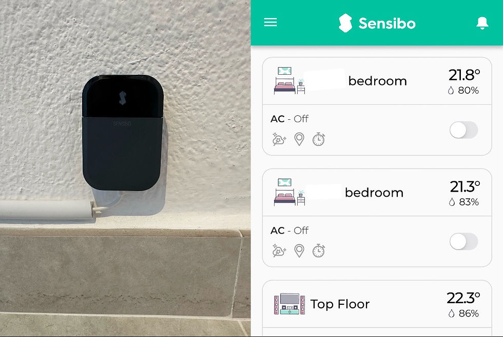 Dispositivo de aire acondicionado inteligente Sensibo con la app mostrando niveles de humedad y temperatura en tiempo real.