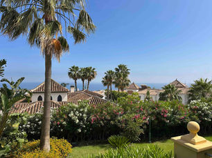 Well-maintained urbanisation in Nerja with palm trees, gardens, houses and sea views in the distance