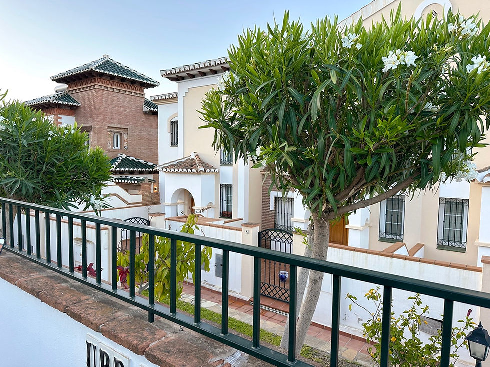 View of Nerja with blooming tree and houses in the background – article about mortgages for international buyers in Spain.