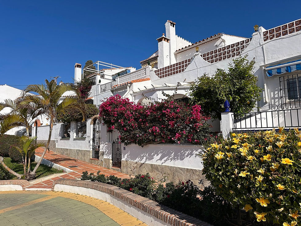  Valkoisia taloja Almijara III -alueella, kukkia ja sininen taivas Nerjassa