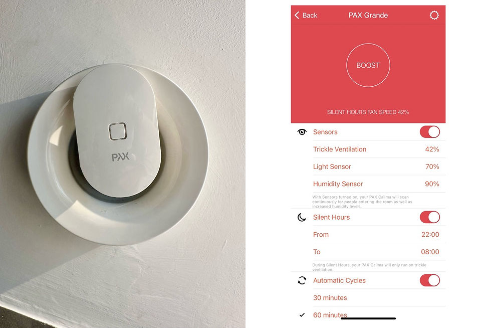 Ventilador Pax y la interfaz de una app mostrando niveles de humedad en tiempo real.