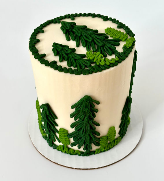 Small white cake with piped buttercream trees around sides and on top of cake.  In different shades of green to make a forest.