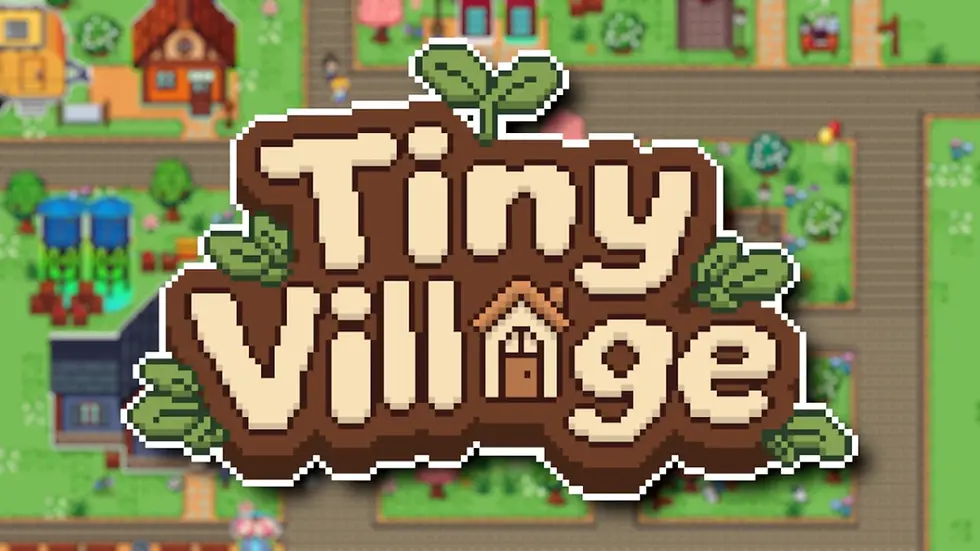 Tiny Village logo on a blurred background of the village itself