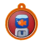 Doggy Don't Care badge showing a goldfish in a water dispenser