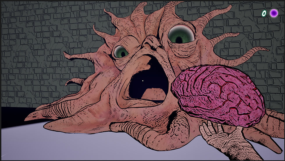 The gelatinous blob on the wall and a brain in Feed Me More Brains