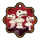 Doggy Don't Care badge showing statues with dinosaur skulls instead of heads