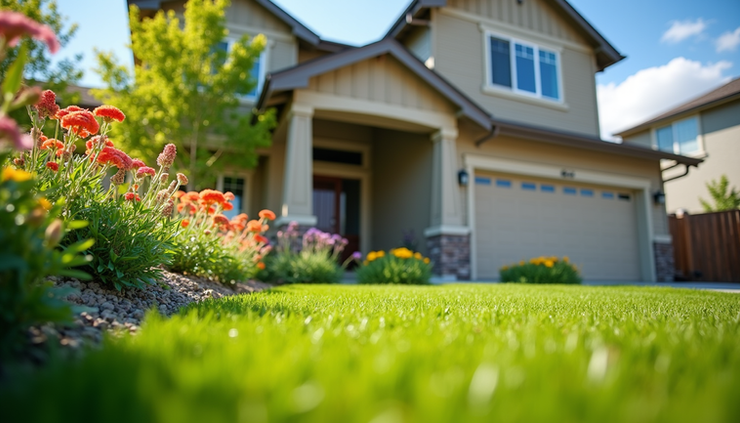 Eye-level view of a well-maintained Boise home exterior with lush green lawn and flowering shrubs