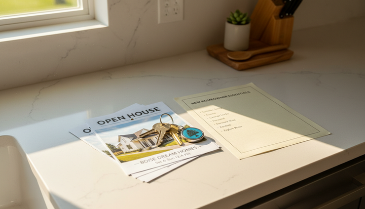 High-angle view of open house flyers and house keys on a kitchen counter.