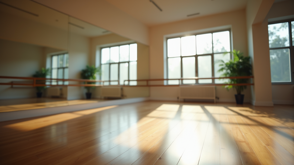 Close-up view of a dance studio with mirrors and wooden flooring