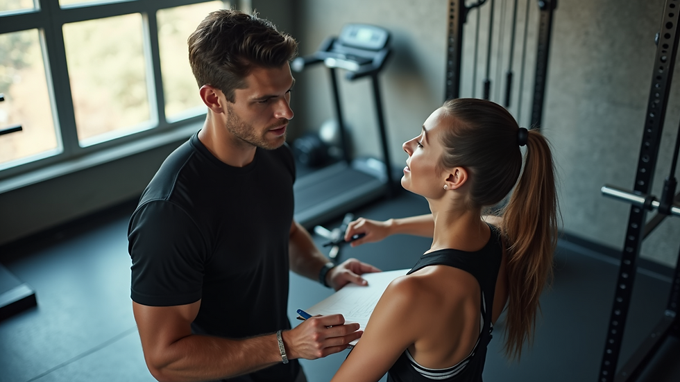 High angle view of a trainer working through a custom fitness plan with a client