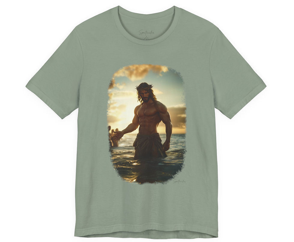 Sage shirt featuring an oval shaped image of Jesus, buff and shirtless in the water with an open hand stretching out to invite you to be baptized as the sun sets in the background.