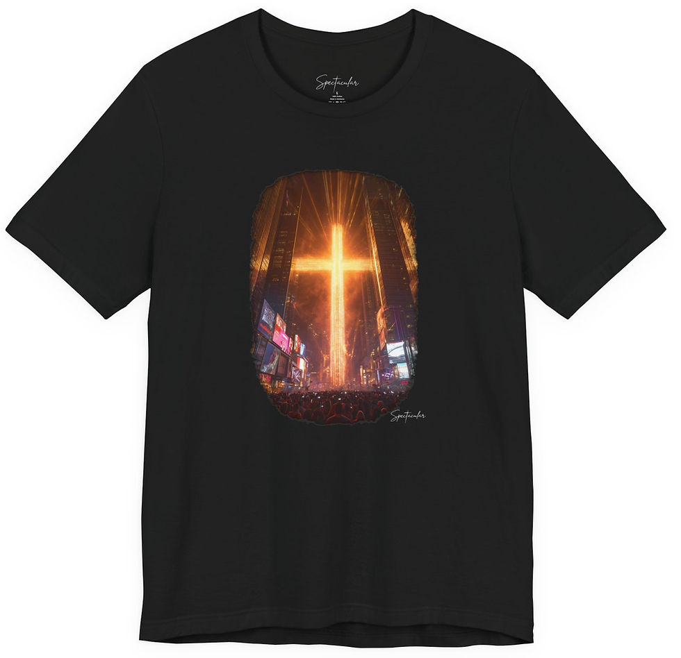 Black t-shirt with a glowing orange cross made of neon light in the center of a metropolis
