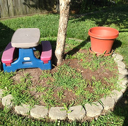 A small garden inset that is in need of routine landscaping care, before it was cleaned up by LawnCraft LawnCare in Virginia.