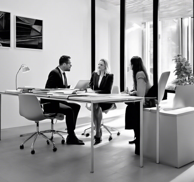 solicitors in consultation with a client, black and white photorealistic in a modern offic