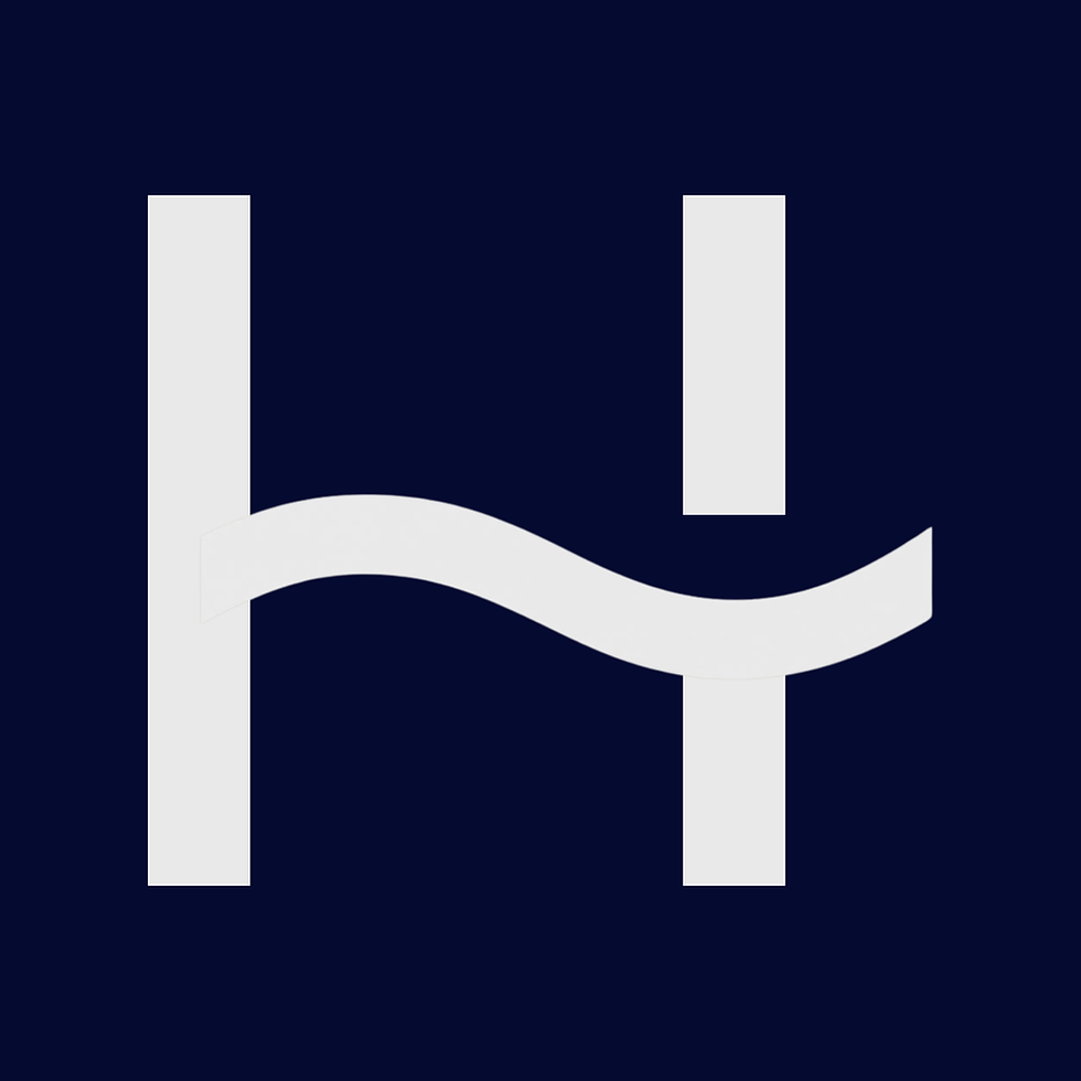 The Huntico Advisors Logo. A large white H on a dark blue background. The H has a wavy cross bar.