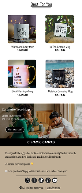 Hi-fidelity design of Ceramic Canvas promotional email, lower section