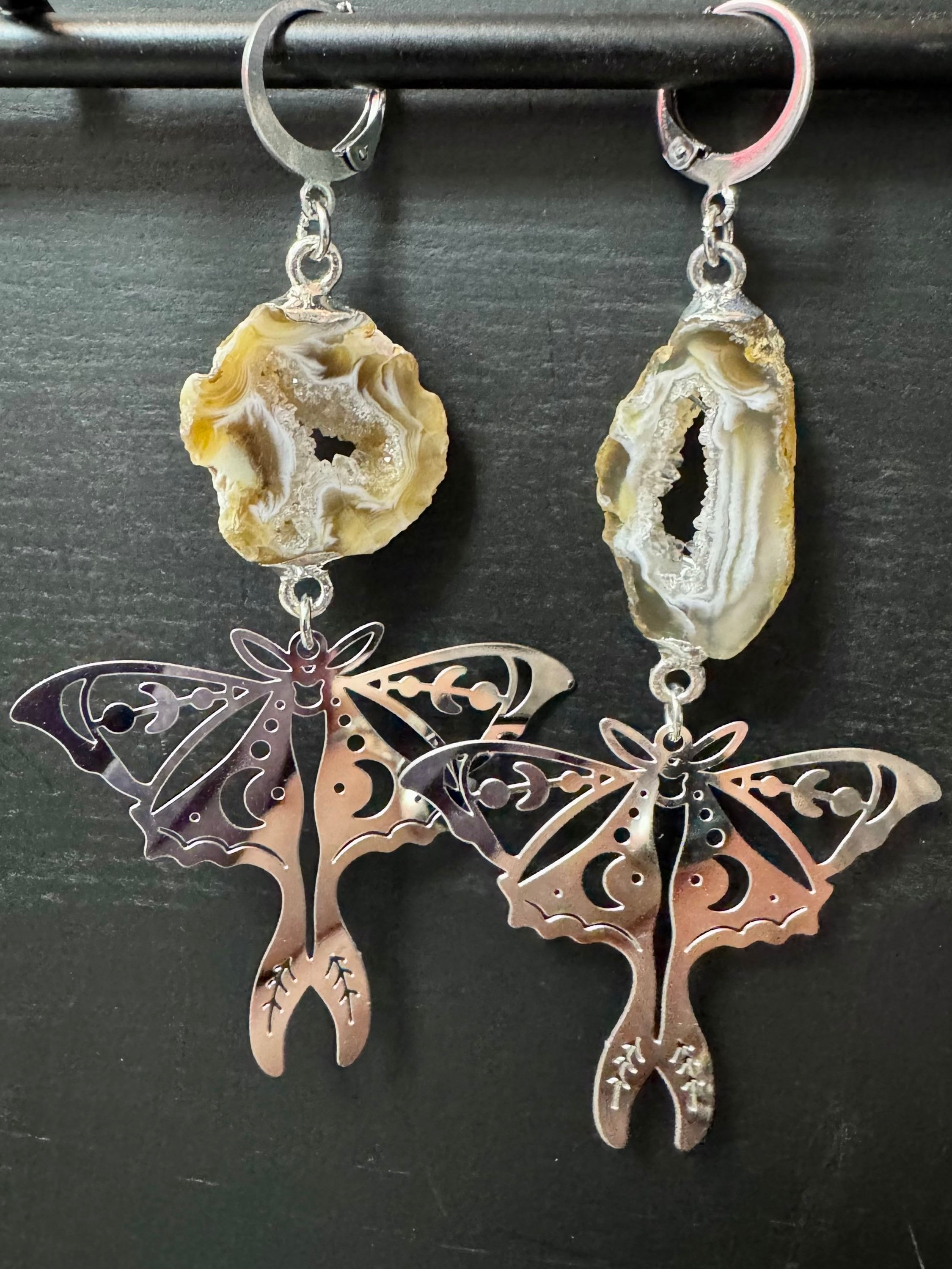 Silver Luna Moth Geode Earrings