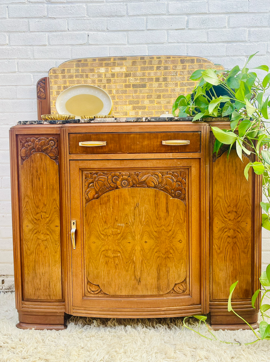 Vintage Mirrored Carved Buffet / Sideboard Cupboard with Marble Top