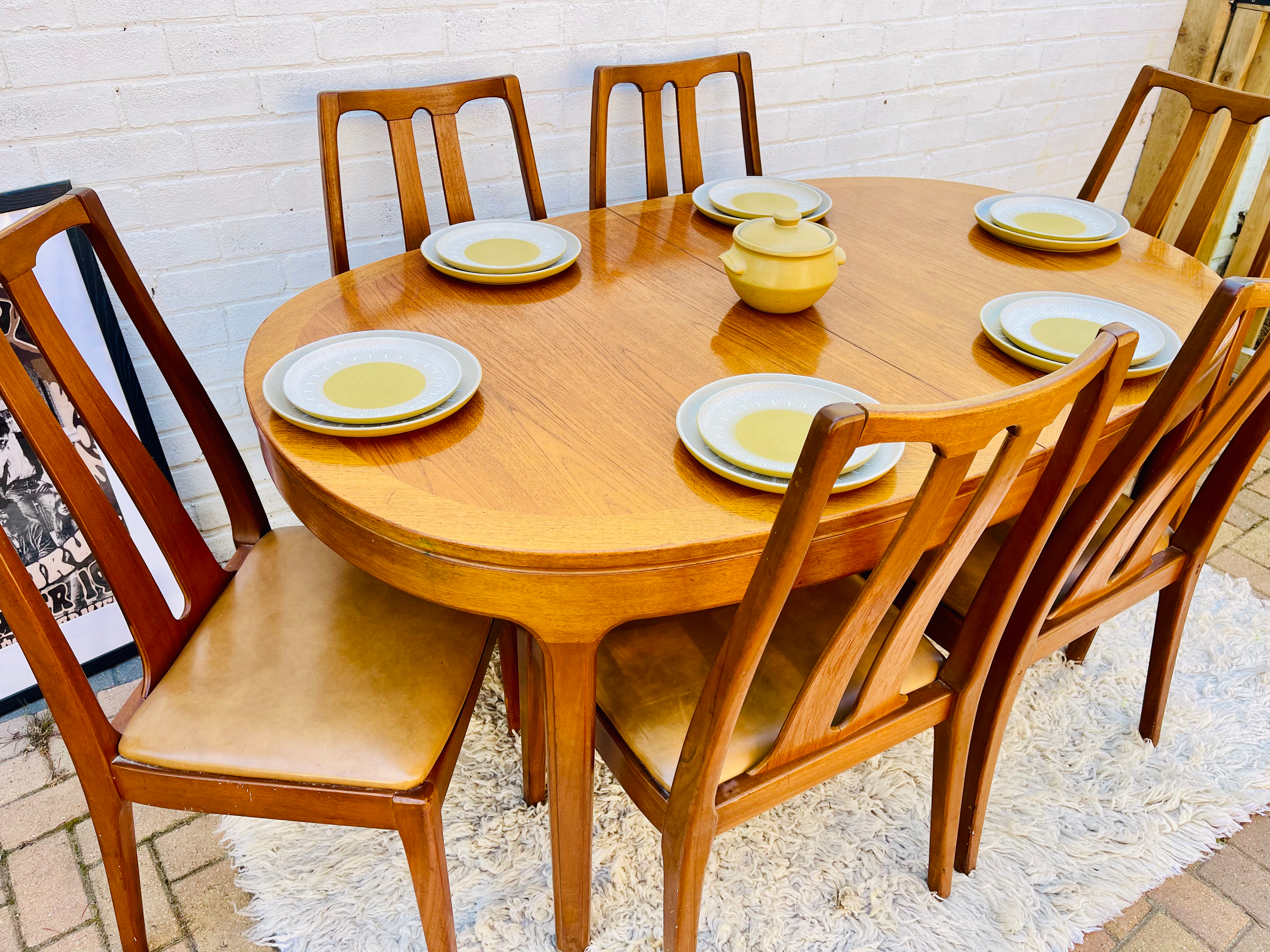 Mid-century Nathan Dining Table And Six Chairs With Original Upholstered Seats