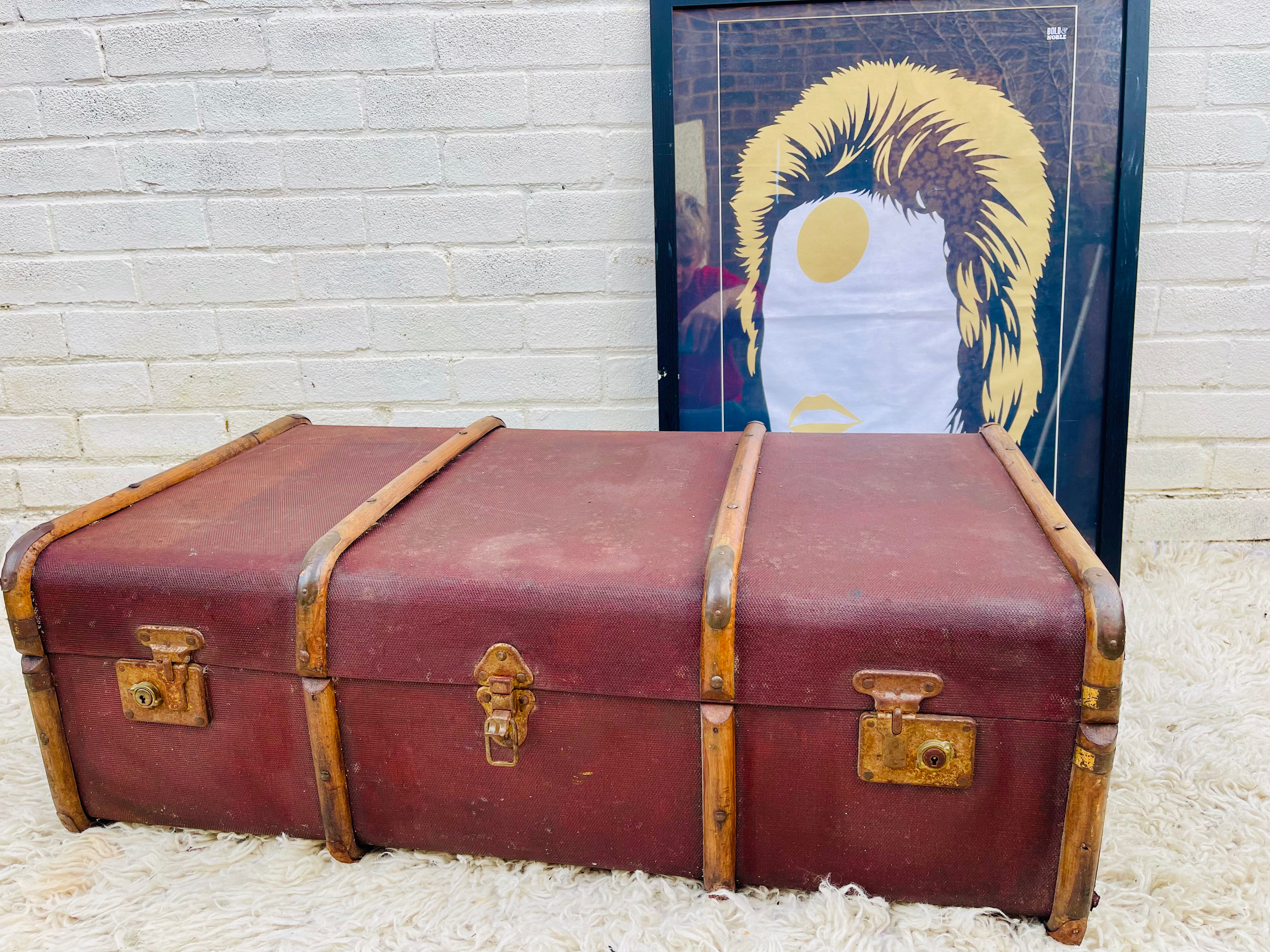 Vintage Travellers Trunk In Reddish-brown With Wooden Supporting Frame