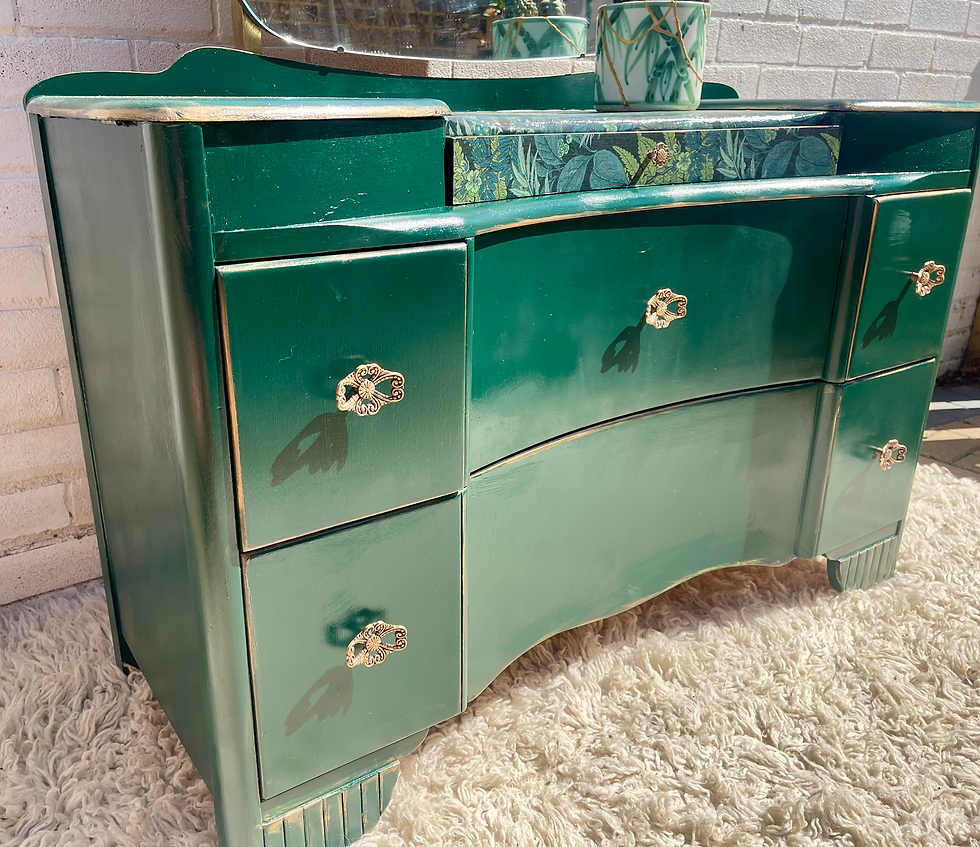 Thumbnail: Green 1940s-style Lined Dressing Table With Mirror And Original Handles