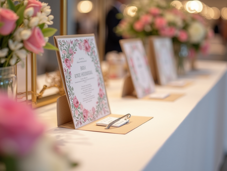 Eye-level view of a beautifully decorated bridal expo booth with floral arrangements and wedding invitations