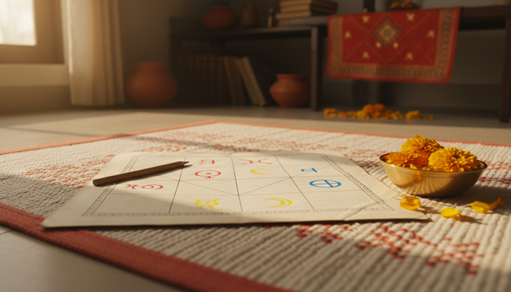 Eye-level view of a printed kundli chart with coloured planet symbols and a pencil.