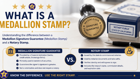 Medallion Signature Guarantee vs. Notary Stamp educational guide explaining the differences for Notaries Public.