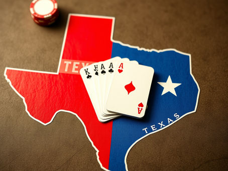 Map of texas in red white and blue colours with chips at top left corner and open hand of playing cards in the centre of Texas