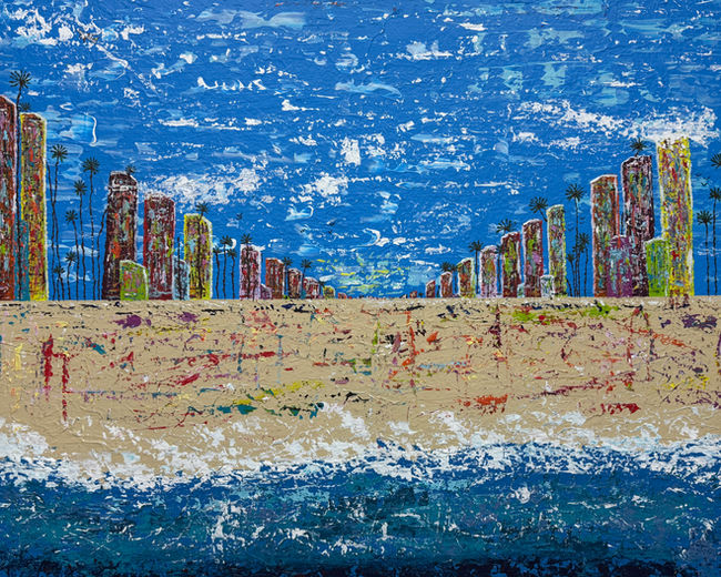 Modern beachfront city skyline with high rise building, blue sky and ocean, contemporary expressionist acrylic painting.
