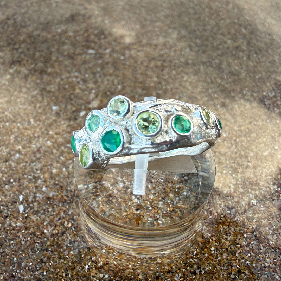 Sterling silver peridot and green agate cluster ring by Jason Jones Jewellery