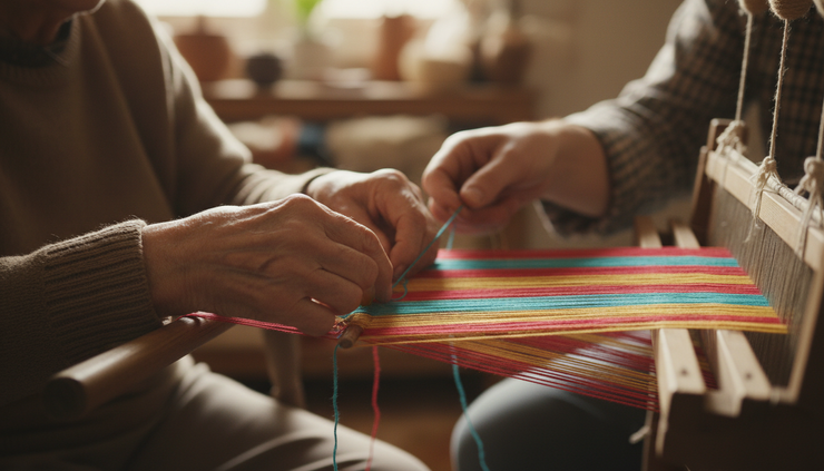 Close-up view of weathered and young hands tying bright threads onto the same wooden frame.