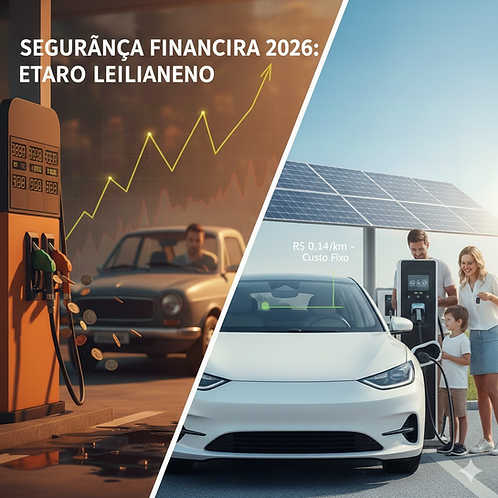 Lado a lado de um posto de combustível com gráficos de inflação e uma família carregando carro elétrico em carregador DC integrado a painéis solares.