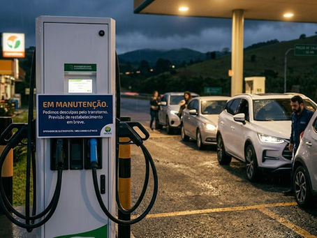 Posto de combustível ao entardecer, com fila de carros. Placa em posto de carregamento diz "Em manutenção". Céu nublado ao fundo.
