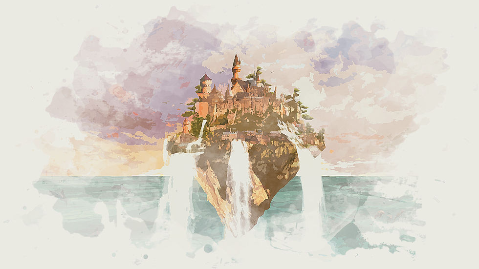 Flying island castle with waterfalls drawing