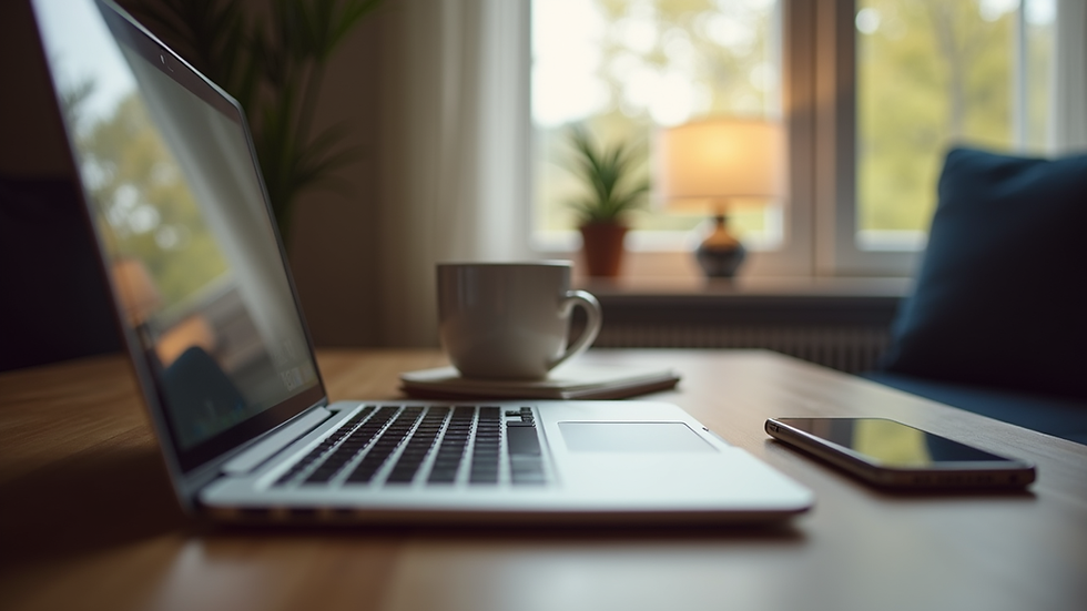 eye-level view of a cozy workspace with a laptop and coffee cup