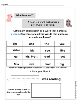 free kindergarten nouns worksheet