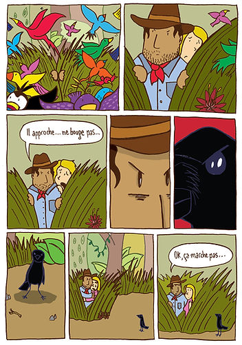 Planche de bande dessinée de Catherine Bard ayant comme thème les oiseaux et Jurassic Park