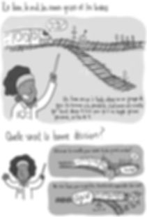 Planche de bande dessinée représentant un dilemme philosophique à propos d'un train, racontée par une femme de couleur en sarrau