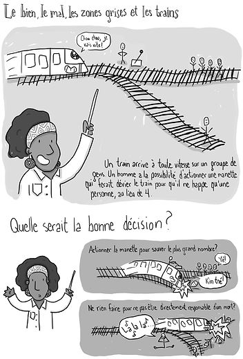 Planche de bande dessinée représentant un dilemme philosophique à propos d'un train, racontée par une femme de couleur en sarrau