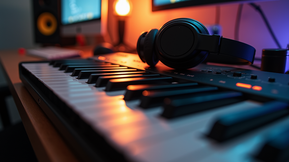 Close-up view of a MIDI keyboard and headphones on a desk