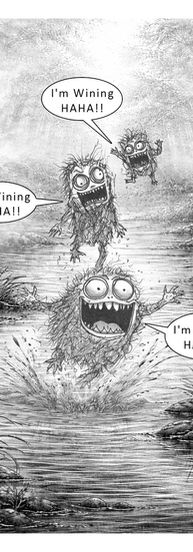 Black-and-white illustration of Rotten Frogs monsters racing through a swamp, from the book Moshpit Monsters by Yoni Danziger