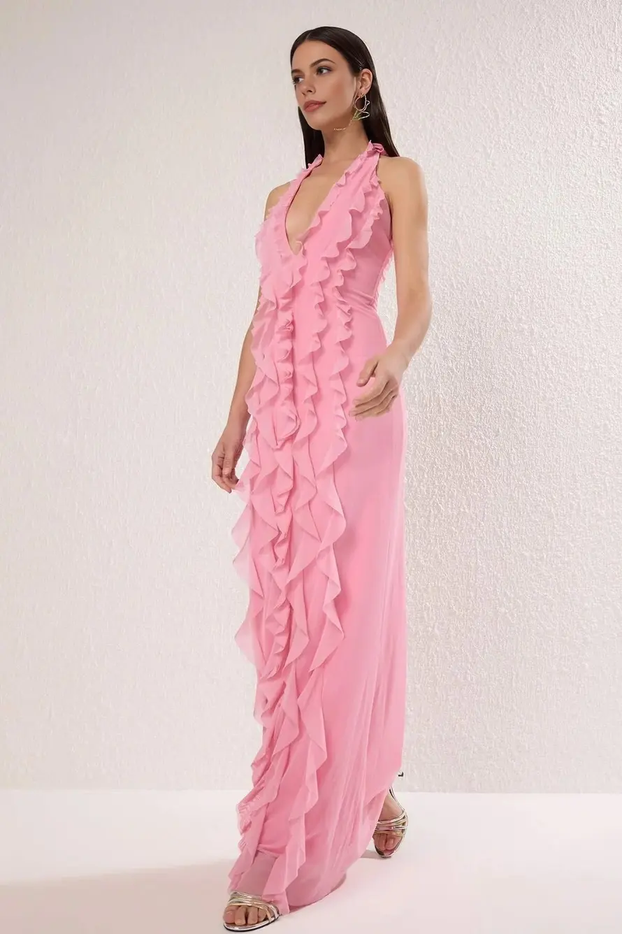 Tickled Pink Tulle Maxi Dress with Ruffles