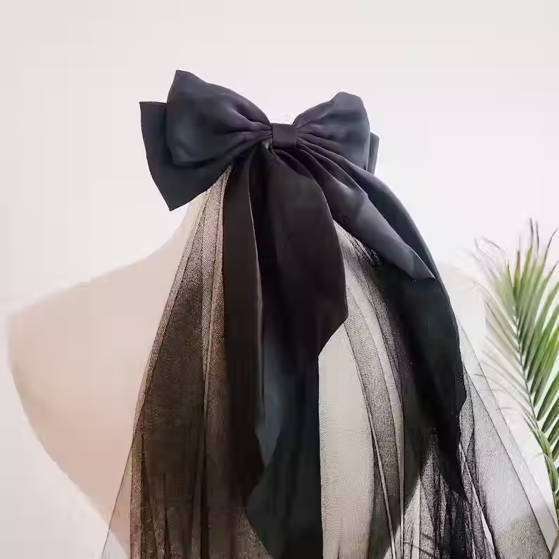 Thumbnail: The Raven Black Ruffle Wedding Veil with Detachable Bow - Hip Length 36”