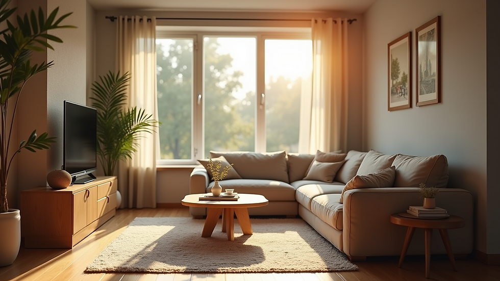Eye-level view of a cozy living room with natural light